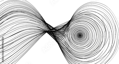 A black and white abstract illustration of swirling lines and curves