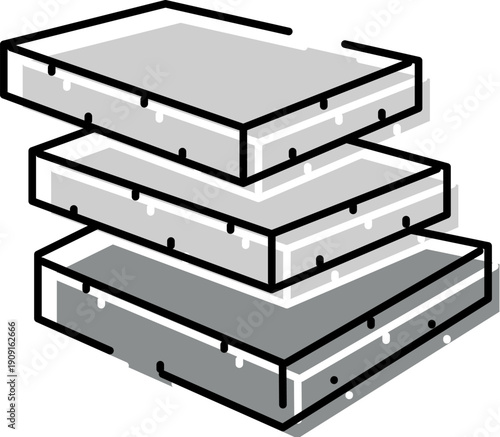 Stacked rectangular layers with a minimalist line art style, featuring gray tones and a dark outline, illustrating concepts of construction, insulation, or composite materials