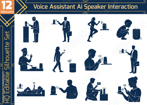 Voice assistant AI smart speaker interaction set with human silhouettes using voice control technology for home automation and digital communication.