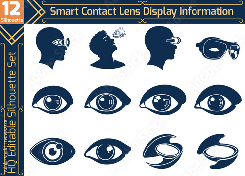 Smart contact lens display information silhouette set featuring augmented reality, HUD interface icons, bionic eye technology, and future vision tech.