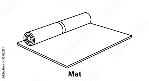 Rolled Up Yoga Mat on Floor - Simple Line Art Illustration