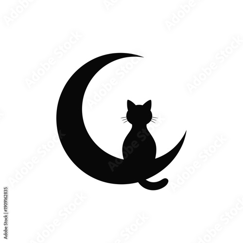 A black cat silhouette peacefully sits upon a crescent moon shape