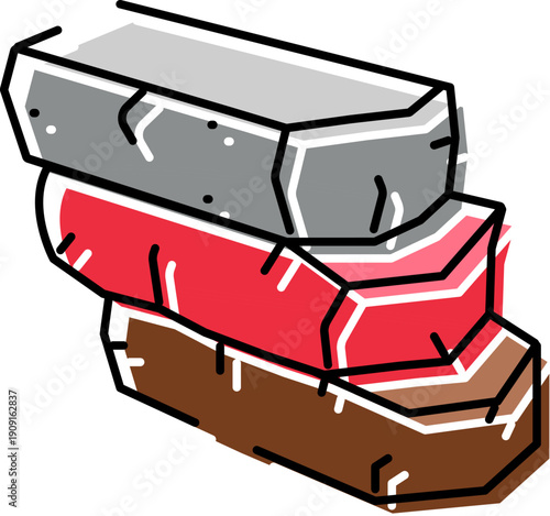 Stacked blocks of various colored ore and raw mineral materials representing mining, metallurgy, and industrial resource extraction processes on a white background