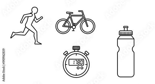 Running, Cycling, Stopwatch, Water Bottle Icons: Fitness and Sport Concept