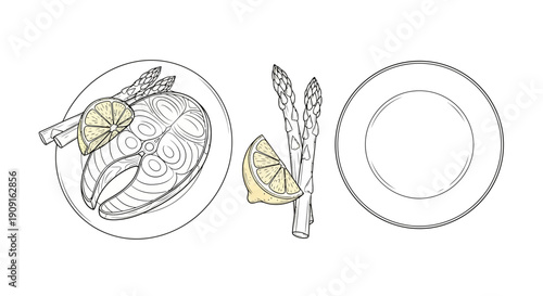 Salmon steak with asparagus and lemon slices on a plate, sketch style, top view