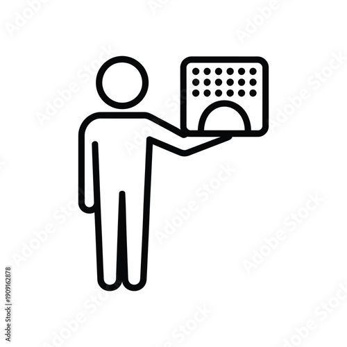 Person presenting a screen or display with a circular element