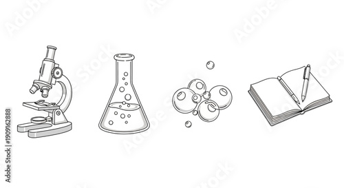 Science Icons: Microscope, Flask, Bubbles, Notebook & Pen - Hand-drawn Sketch