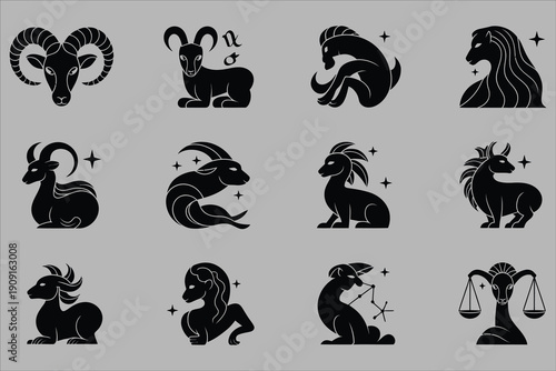 Twelve Black Zodiac Animal Constellations on Gray Background Keywords: zodiac, astrology
