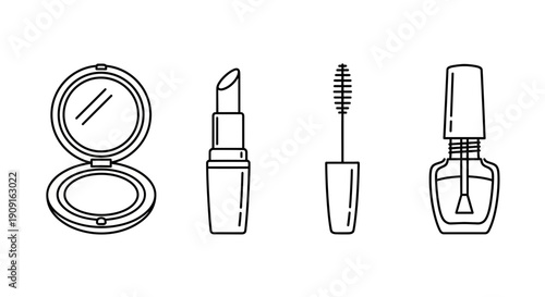 Set of cosmetic icons: compact powder, lipstick, mascara, nail polish