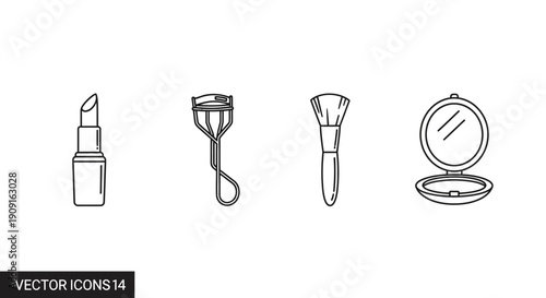 Set of cosmetic icons: lipstick, eyelash curler, makeup brush, compact mirror