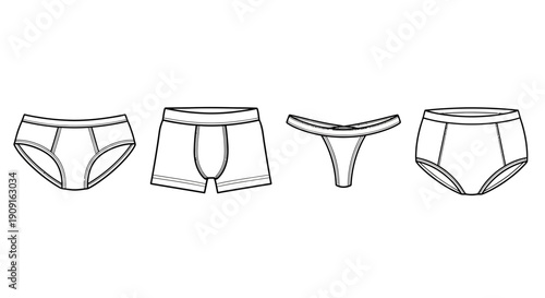 Set of diverse underwear types: briefs, boxer briefs, thong, and high-waisted briefs