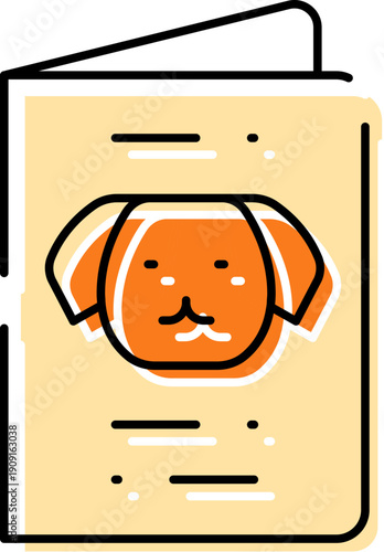 Dog pet passport cover with a cute canine face icon, symbolizing vaccination records, microchip id and travel veterinary documentation for responsible pet owners and animal care