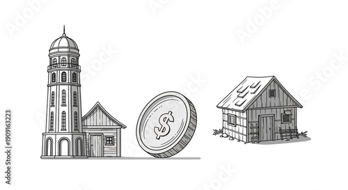 Real Estate Investment: Comparing Luxury Mansion and Humble Cottage with Dollar Coin