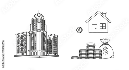 Real Estate Investment: Office Building, House, Coins, Money Bag