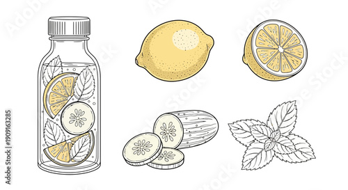 Refreshing Infused Water: Lemon, Cucumber, Mint in Bottle, Slices, and Leaves
