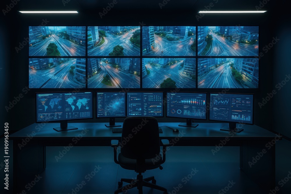 Naklejka premium A high-tech security command center with multiple screens displaying city surveillance and data visualizations, in a dark room with glowing monitors and modern technology.