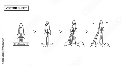 Rocket Launch Sequence: From Liftoff to Space Ascent - Vector Illustration