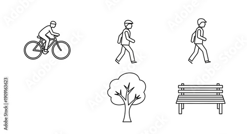 Park Icons: Cyclist, Pedestrians, Tree, Bench - Outdoor Recreation and Lifestyle