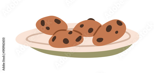 Chocolate chip cookies on plate. Homemade round biscuits with crunchy choco drops. Sweet home-made dessert, bakery. Tasty snack, pastry food. Flat vector illustration isolated on white background