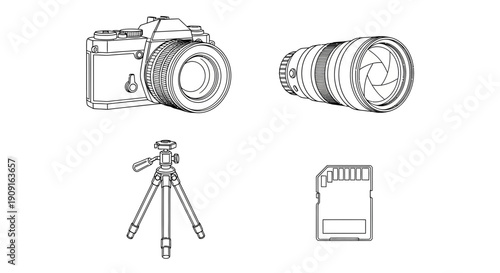 Photography Equipment Set: Camera, Lens, Tripod, SD Card - Isolated White Background