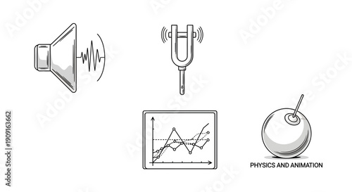 Physics and Animation Icons: Sound, Tuning Fork, Graph, and Pendulum