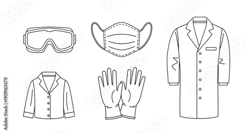 Personal Protective Equipment Icon Set: Lab Coat, Goggles, Mask, Gloves