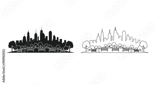 A minimalist black and white illustration of a city skyline with trees