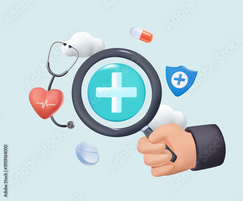 Medical health care insurance 3D vector concept with hand holding magnifying glass and health icons, protection, screening, diagnosis, treatment, wellness, and preventive healthcare. Vector