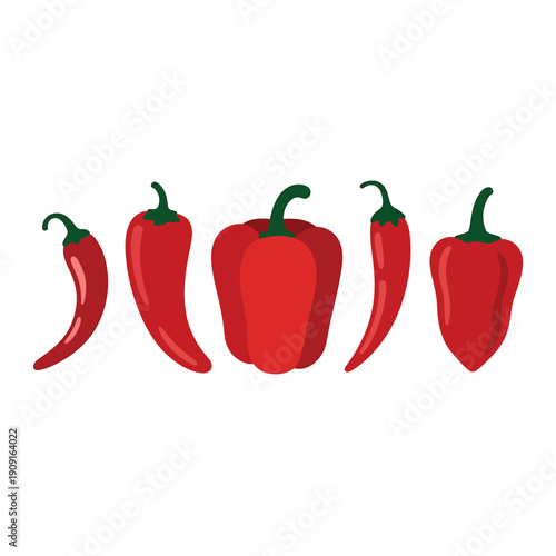 Five vibrant red chili peppers arranged in a simple illustrative style