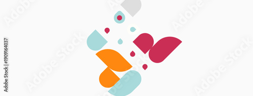 Abstract colorful shapes float above white surface. Geometric forms create playful composition, suggesting movement, energy.