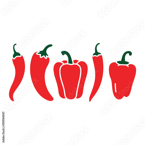 A collection of vibrant red chili peppers in various shapes