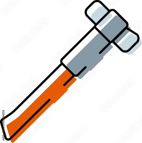 Hammer icon with orange handle and dark gray head in simple flat line art style, isolated on white background for construction, repair, diy, carpentry and maintenance concepts
