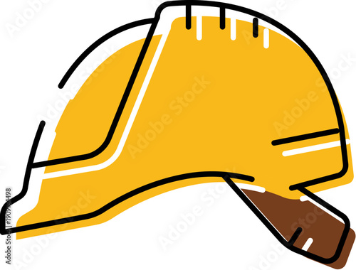 Yellow protective construction hard hat with a black outline and brown strap, symbolizing occupational safety, protection, and security for workers and engineers on job sites