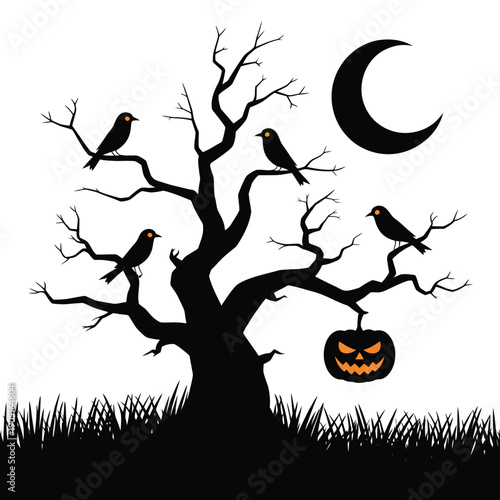 Spooky halloween scene featuring bare tree birds crescent moon and pumpkin