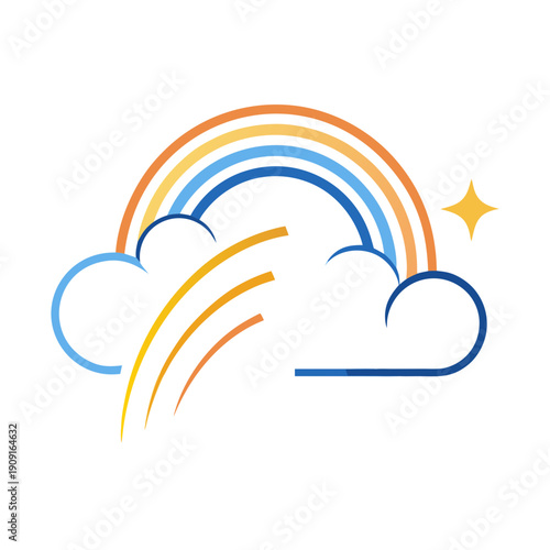 A colorful rainbow with clouds and a star