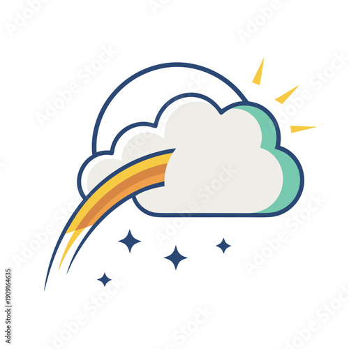 A colorful cartoon cloud with a rainbow and sunshine