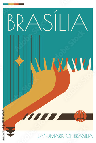 Wallpaper Mural Brasilia landmark poster in retro futurism style. Vintage printable vector cover, postcard, illustration. Futuristic, halftone Brazil city art with iconic monument, building Torontodigital.ca