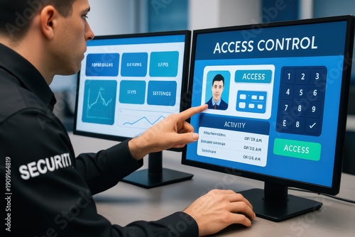 Security guard operating an access control system with a user interface and monitoring activity logs, using modern technology for security and safety management.