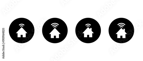 Smart home wifi signal icon in black circle. Wireless internet connection house symbol