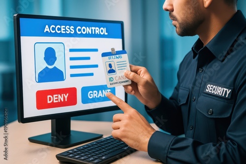 Security guard checking ID card against access control system on a computer screen to grant or deny access, maintaining security protocol and ensuring authorized entry only.