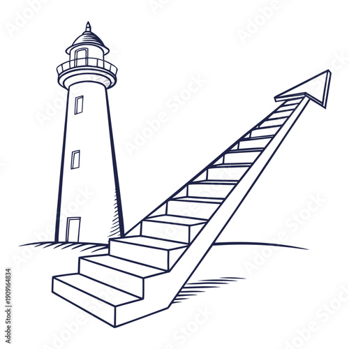 A lighthouse with a staircase leading upwards to an arrow