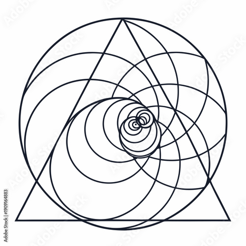 A geometric drawing of a spiral within a circle and triangle