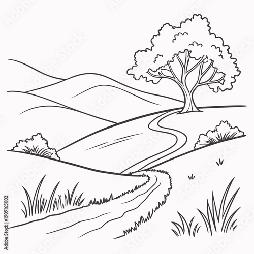 A black and white drawing of a landscape with a tree and a winding road
