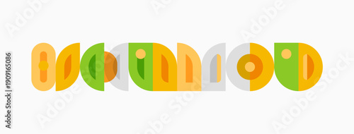 Retro design features colorful overlapping shapes forming word goodmood. Bright hues create playful, positive vibe. Simple, modern aesthetic.