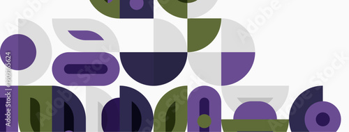 Abstract geometric shapes, purple, olive, gray tones. Modern design, overlapping forms create dynamic composition. Minimalist aesthetic.