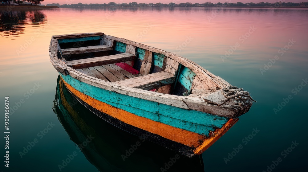 Obraz premium Colorful rustic wooden boat with weathered textures floating on a calm river during golden hour, reflecting warm sunset light in ultra realistic 8k cinematic photography