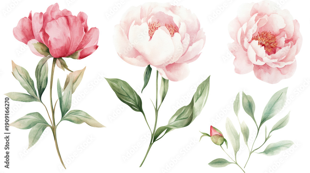 Fototapeta premium Watercolor pink peony elements: blooms, buds, leaves, isolated on transparent background, botanical illustration