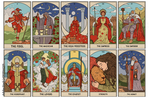 vintage vintage style deck of tarot cards. magical predictions of the future, mysterious characters.