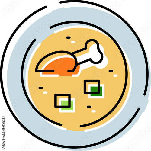 Chicken leg soup with vegetables in a vibrant line art bowl illustration, conveying homemade comfort food, healthy broth, cozy meal, and simple modern kitchen design