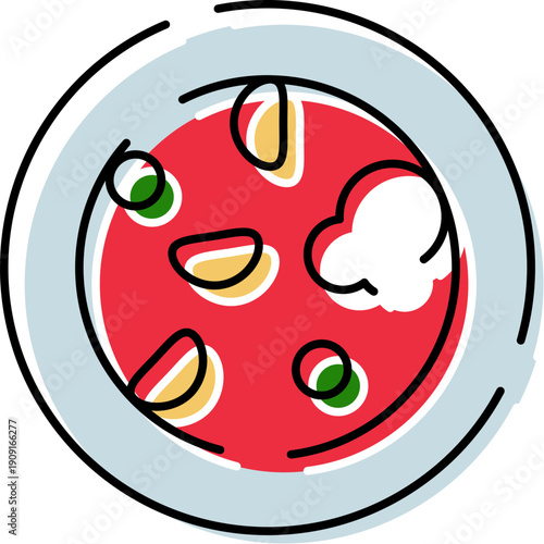 Expressing an italian dish, pizza, with a minimalist drawing style, depicting iconic food ingredients like cheese and vegetables in a basic round crust design for menu or icon use